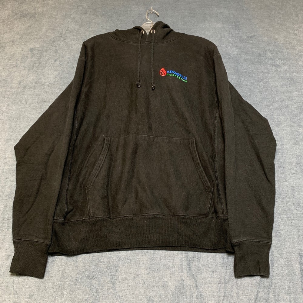 Champion Reverse Weave Hoodie Mens L Black Apostle Diagnostics Logo Drawstring